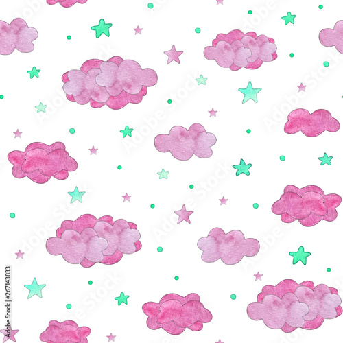 Seamless pattern of pink clouds and turquoise stars, baby background