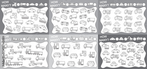 Activities for children. Set of educational games for kids (6 in 1): How many objects (transport) counted? Coloring book. Vector illustration.