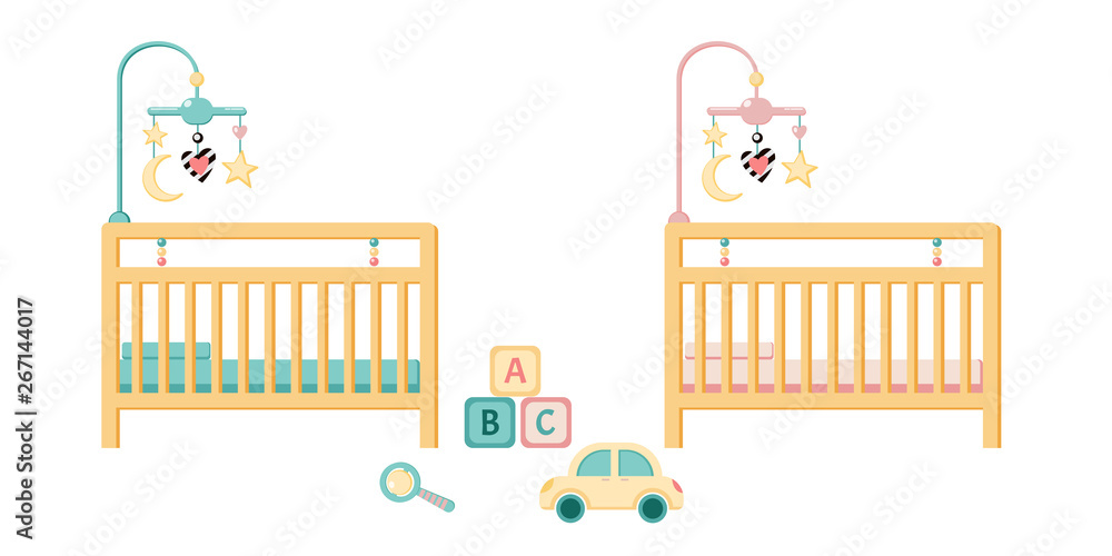 Obraz premium Baby wooden crib cradle bed with pillow, mattress and protective grilles and with infant mobile toy for a newborn baby toddler. Time for sleep, interior of children's room.