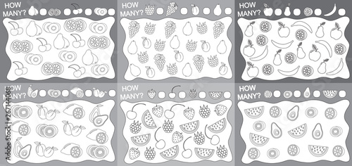 Games for kids: How many objects (fruits) counted? Coloring book. Education. Set of games (6 in 1) Vector illustration.