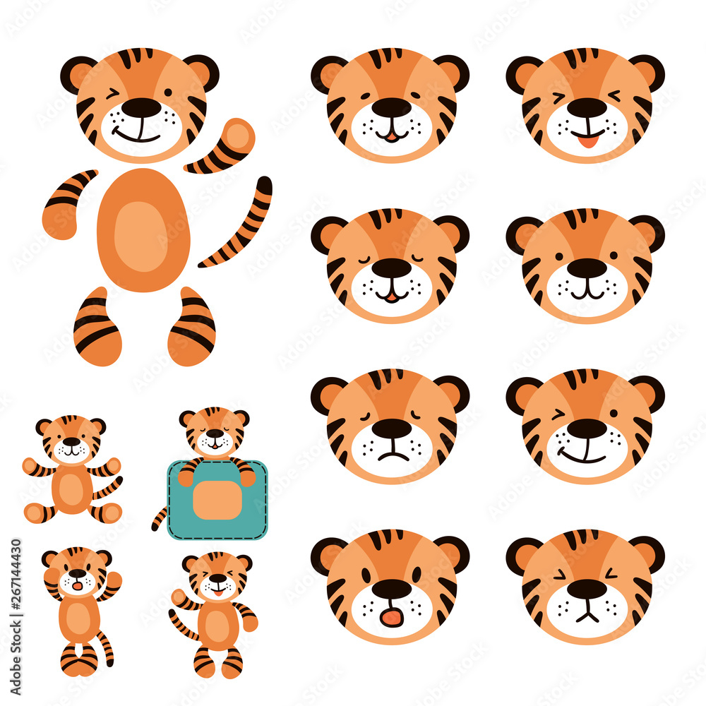 Tiger character for your animation scenes. Set of cute tigers with different emotions in cartoon style. Tiger character for your animation scenes. Set of cute tigers with different emotions in cartoon style.