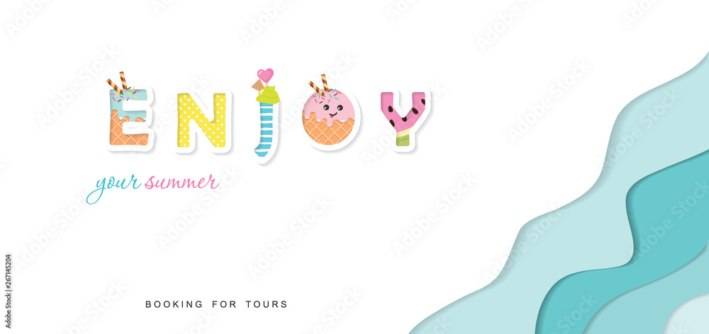 Obraz premium Summer paper cut out banner. 3d waves layers background. Funny cartoon letters. Vector