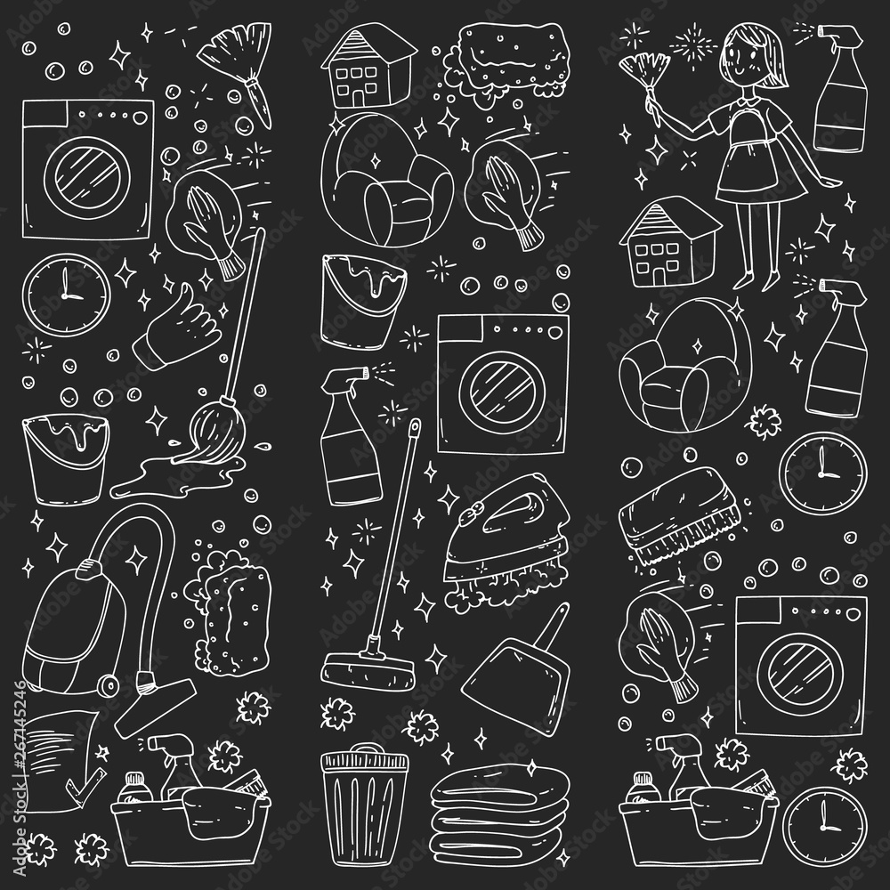 cleaning services company vector monochrome pattern on black background, drawing chalk. cleaning services company vector monochrome pattern on black background, drawing chalk.
