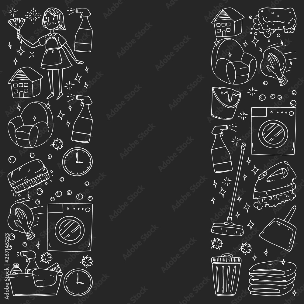 cleaning services company vector monochrome pattern on black background, drawing chalk.