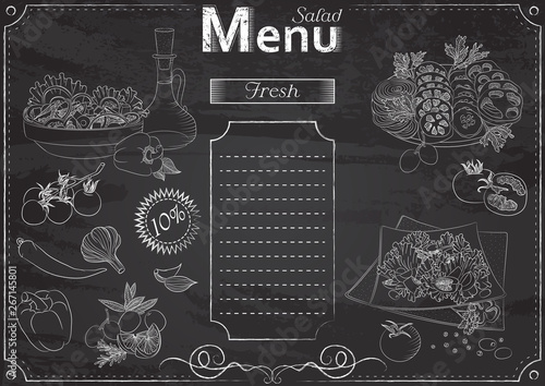 Vector template with salad elements for menu stylized as chalk drawing on chalkboard.Design for a restaurant, cafe or bar
