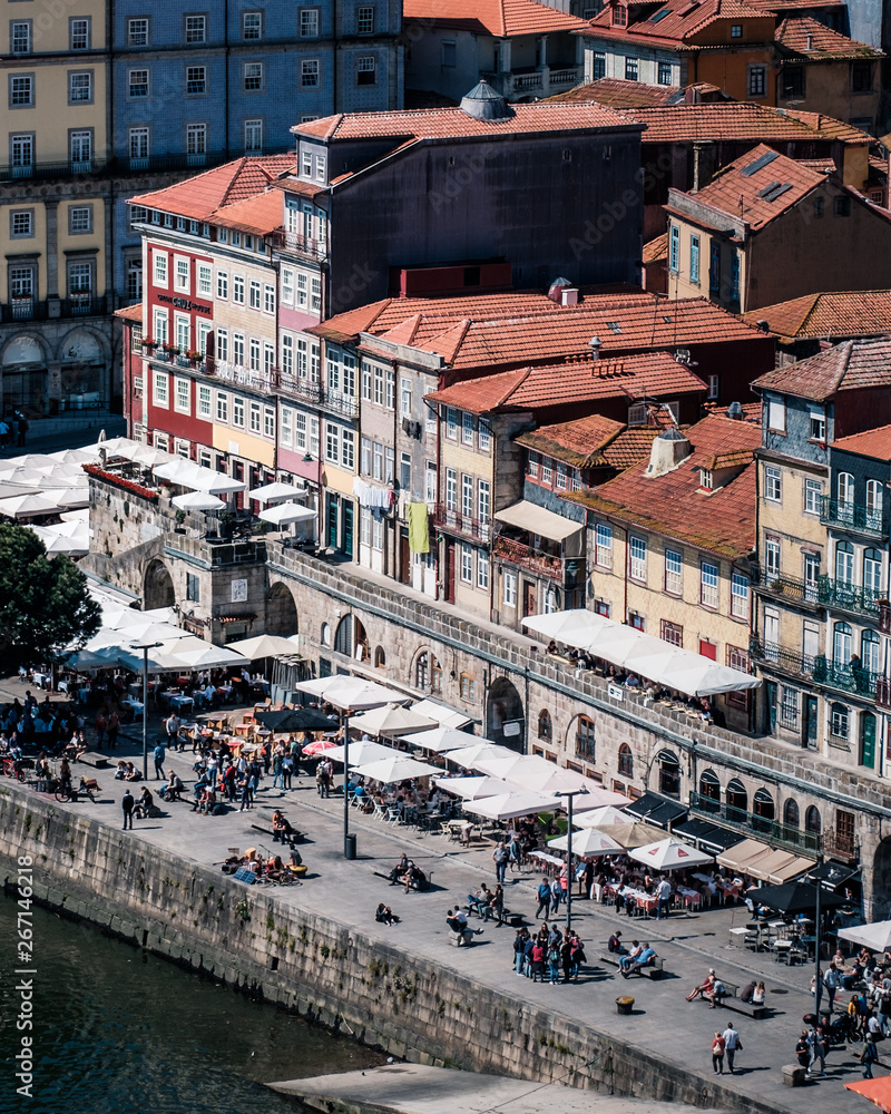 View of Old Porto Oporto city and Ribeira over Douro river from Vila Nova de Gaia, Portugal