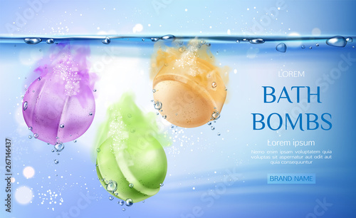 Bath bombs in water, spa cosmetics beauty product for body care, colorful soap balls fizzing in aqua with air bubbles. Cosmetic advertising poster template. Realistic 3d vector illustration, banner.
