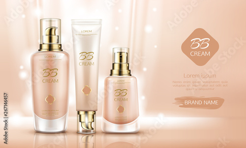 Bb cream beauty cosmetics bottles mockup for skin foundation. Make up cosmetic product line tubes packaging set, promo background design, advertising poster. Realistic 3d vector illustration, banner.