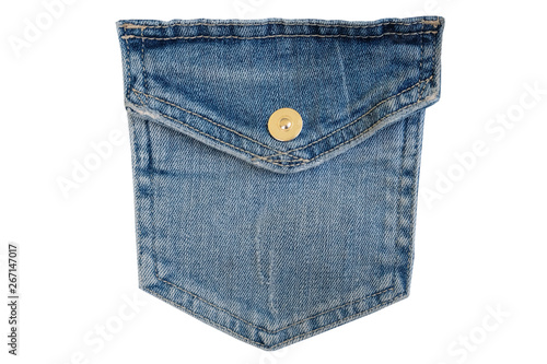 Blue denim pocket with a rivet on a white background isolate.