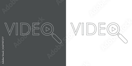 Logotipo lineal texto VIDEO con lupa y triángulo en gris y blanco