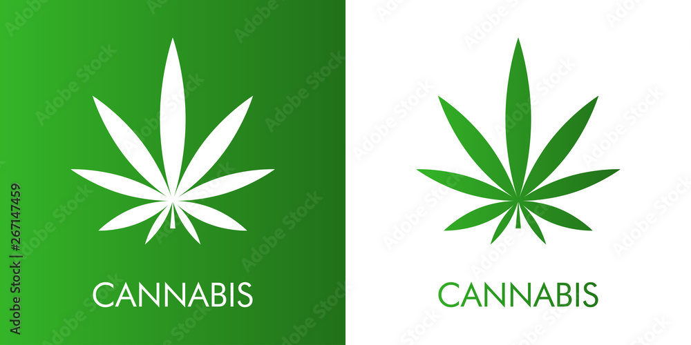 Logotipo abstracto con texto CANNABIS con hoja de marihuana en verde y blanco 