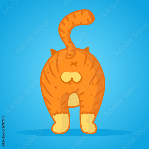 Vector illustration of cute cartoon ginger male orange cat boy character back side view on blue background. 