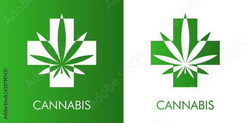Logotipo abstracto con texto CANNABIS con cruz con hoja de marihuana en espacio negativo en verde y blanco 