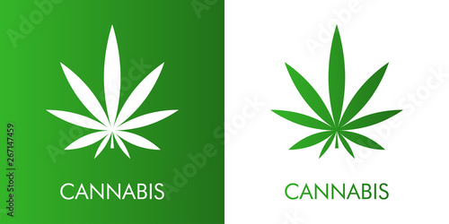 Logotipo abstracto con texto CANNABIS con hoja de marihuana en verde y blanco 