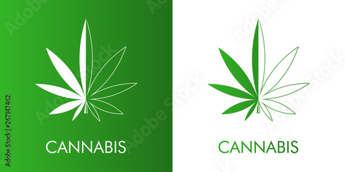 Logotipo abstracto con texto CANNABIS con hoja de marihuana lineal dividida en verde y blanco 