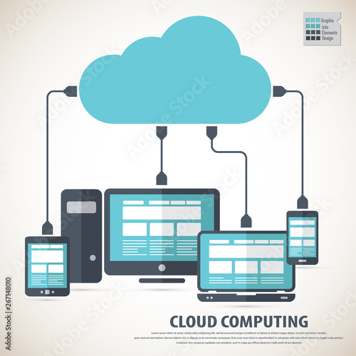 Cloud computing - Devices connected to the "cloud".AiS10 vector. All elements (background,devices, text ) are in separate layers. Fully editable.