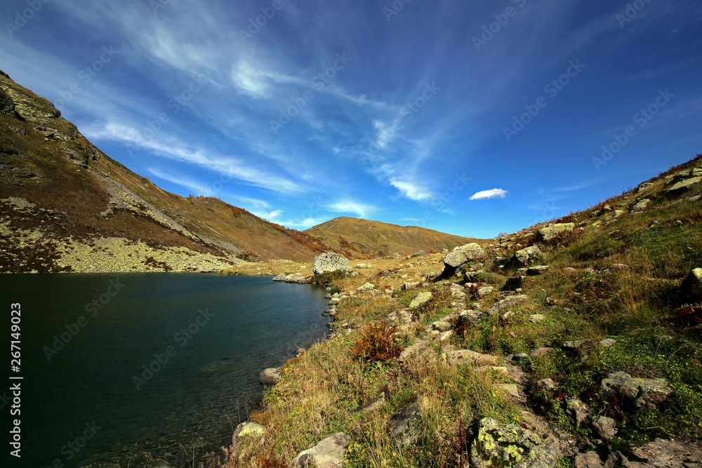 Alpine lake Mzy in the Caucasus Mountains.