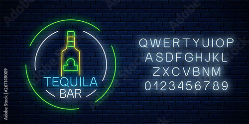 Neon sign of tequila bar in circle frames with alphabet. Mexican alcohol drink pub emblem in neon style.