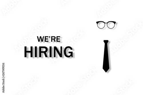 Banner of hiring on job. Business concept free vacancy. Glasses and tie with shadows.