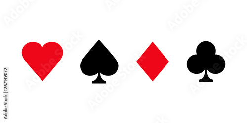 Poker kinds gaming cards. Few type signs red and black color isolated on white background.
