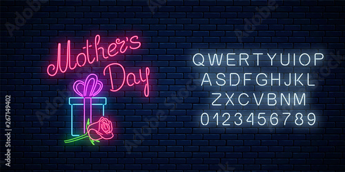 Glowing neon banner of mothers holiday with alphabet. Spring world mothers day greeting card with rose flower.