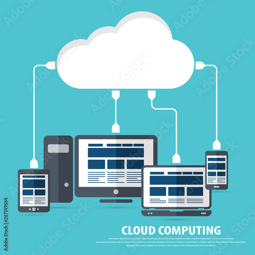Cloud computing - Devices connected to the "cloud".AiS10 vector. All elements (background,devices, text ) are in separate layers. Fully editable.	