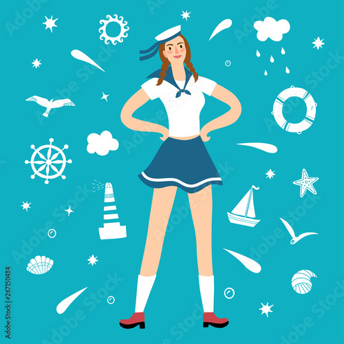 Girl sailor with decorative elements on background
