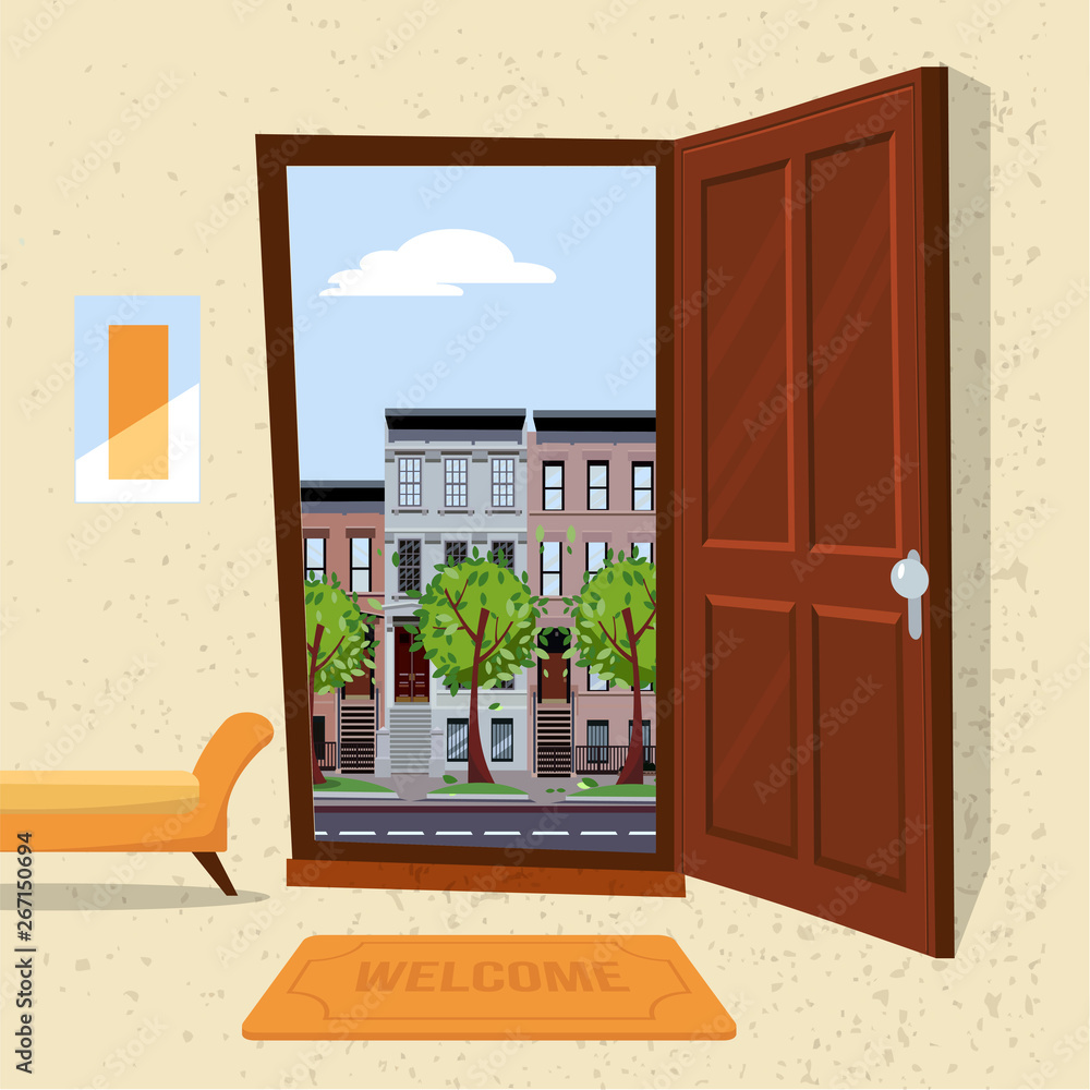 Interior Of Hallway With Open Wood Door Overlooking Summer Cityscape With Houses And Green Trees Furniture Inside Soft Bench Picture Mat Against A Textured Wall Flat Cartoon Illustration Stock Illustration Adobe
