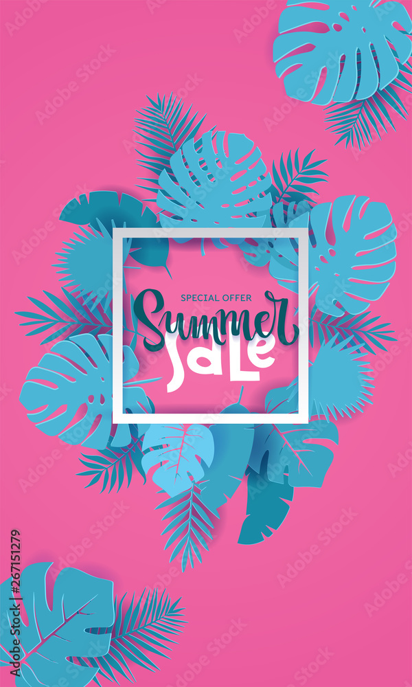 Obraz premium Vertical Summer Sale paper cut Background with Palm, monstera, banana Leaves with place for your text in white square frame.Trendy Jungle banner. Tropical exotic jungle plants. Illustration