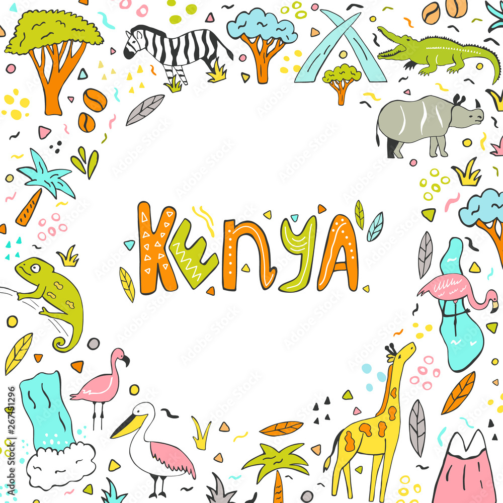 Hand drawn abstract design of Kenya with landmarks Hand drawn abstract design of Kenya with landmarks