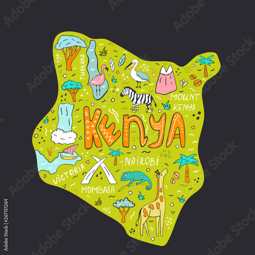 Hand drawn illustrated map of Kenya with landmarks