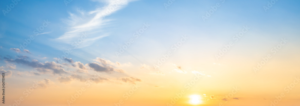 Blue sky and orange sunset panorama - obrazy, fototapety, plakaty 