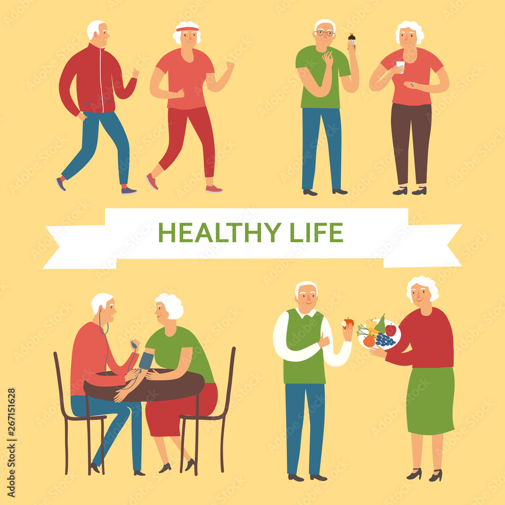 Cartoon old people taking care of their health