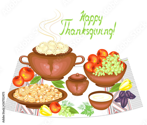 Thanksgiving Day. At the festive table vareniki, mushrooms, fruits, apples, grapes, greens, peppers. Vector illustration