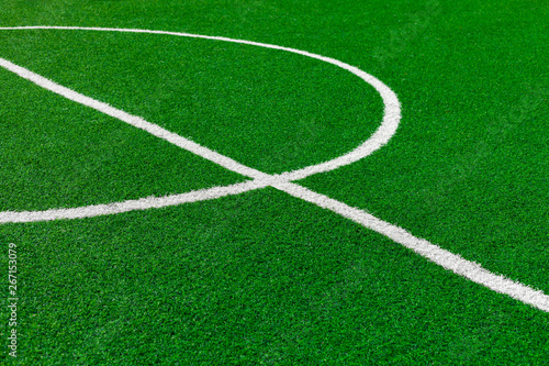 Painted White Lines And Fragment Of Circle On Green Artificial Turf On Soccer Field. Center Of Football Fiels. © Papin_Lab