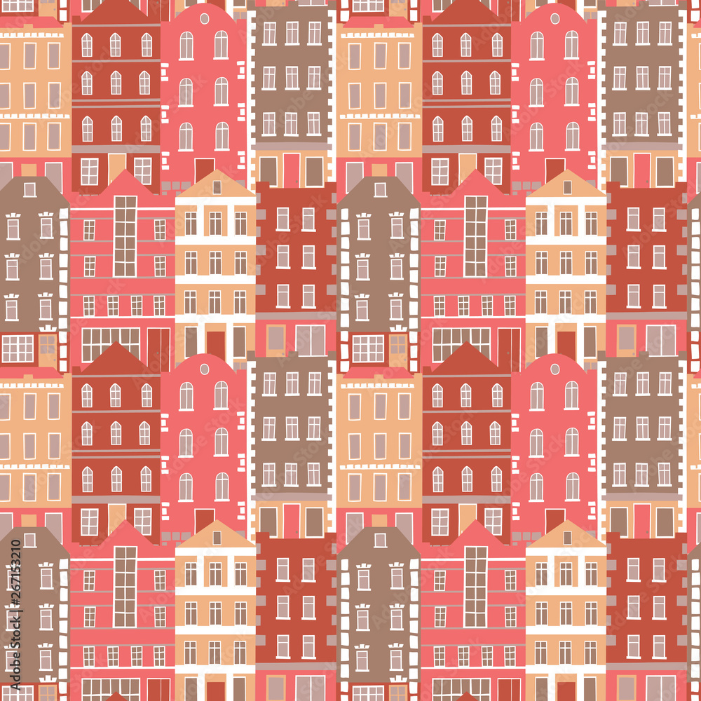 Hand drawn seamless pattern with colorful houses