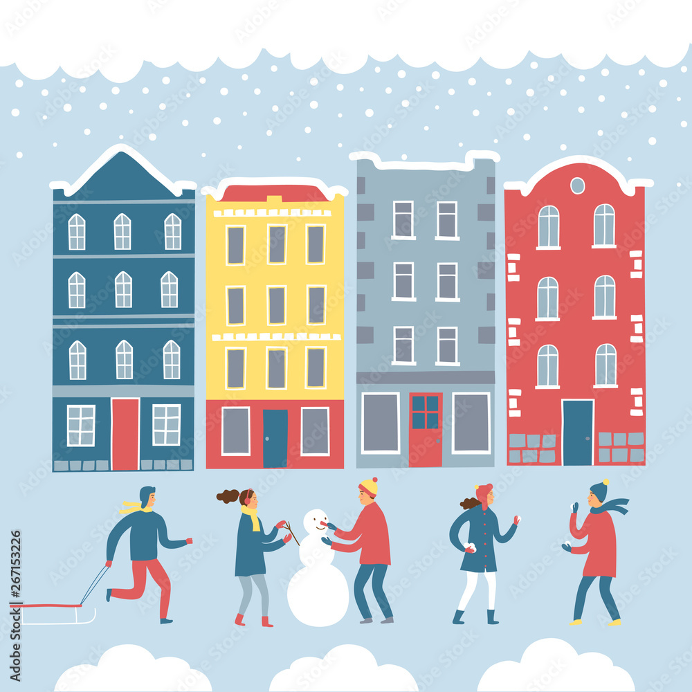 Buildings and playing children winter set Buildings and playing children winter set