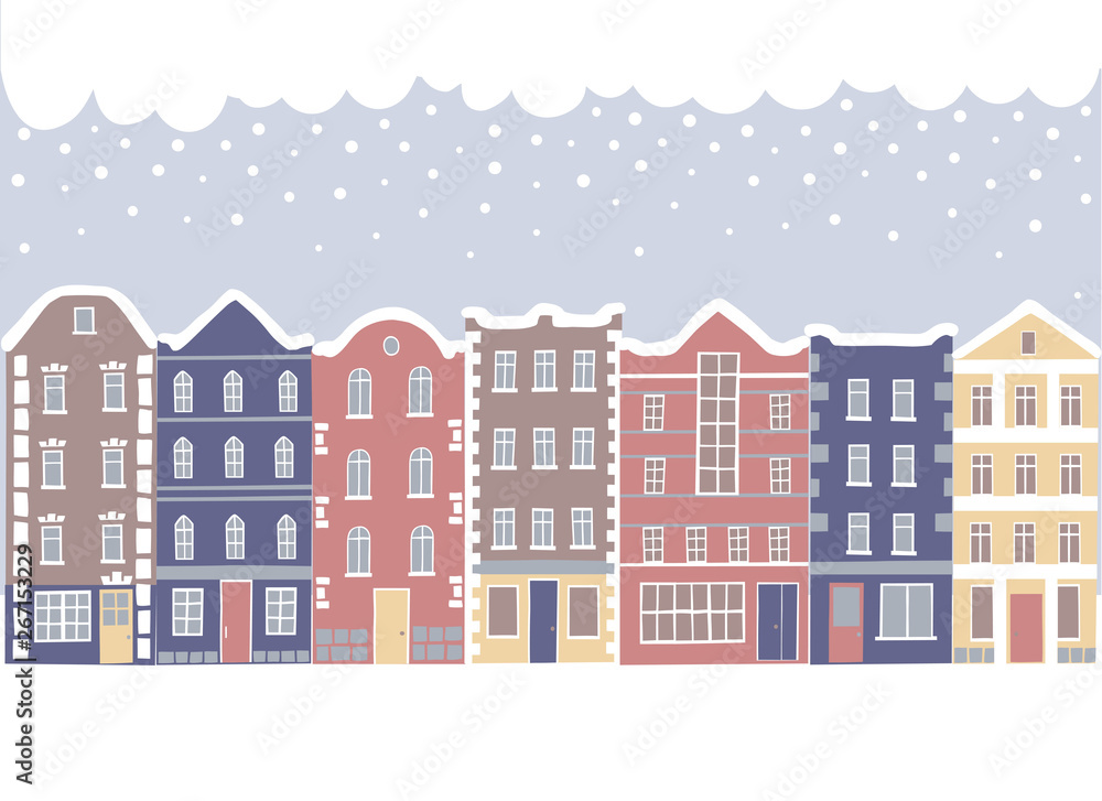 set of cartoon buildings in winter set of cartoon buildings in winter