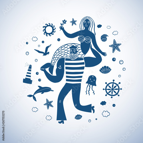 Sailor holding mermaid decorative illustration