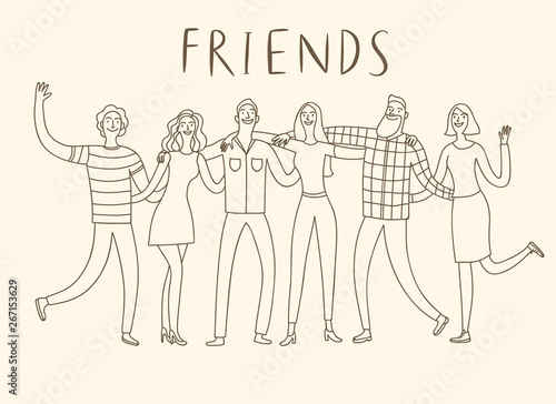 Group of six happy friends hugging each other.