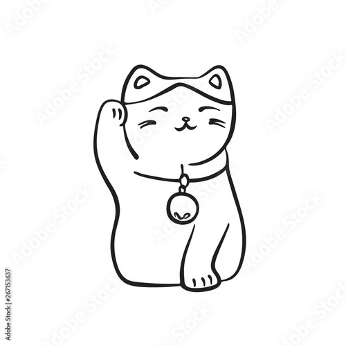 Hand drawn maneki neko cat. Vector black ink drawing isolated on white background. Graphic traditional Japan figurine illustration