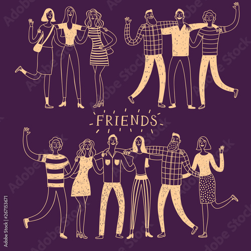 Set of happy friends groups hugging each other.
