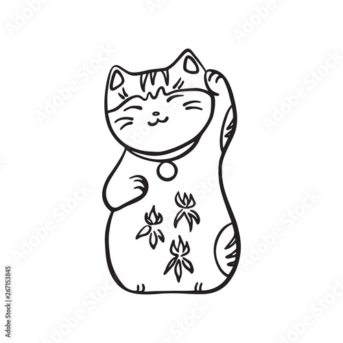 Hand drawn maneki neko lucky cat. Vector black ink drawing isolated on white background. Graphic traditional asian figurine illustration