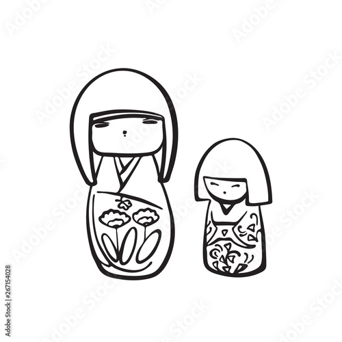 Hand drawn kokeshi doll. Vector black ink drawing isolated on white background. Graphic traditional japanese wooden craft toy illustration