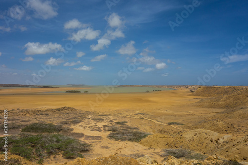 Yellow, brown desert and bay near Punta Gallinas in La Guajira, Colombia