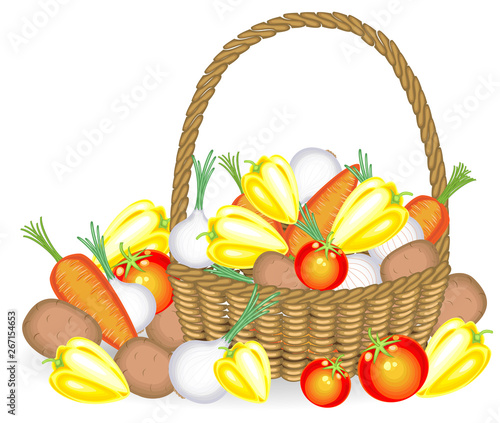 Thanksgiving. Collected a generous harvest. In the basket, potatoes, carrots, peppers, tomatoes, onions. Fresh beautiful vegetables. Vector illustration