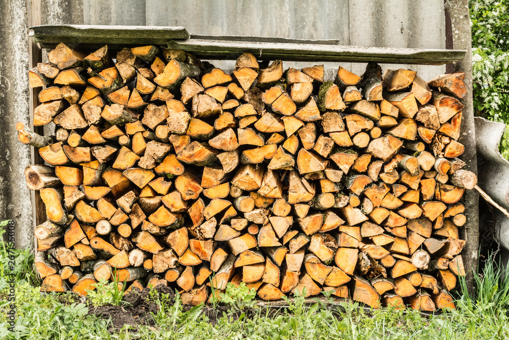 Woodpile. Firewood stacked in a woodpile. Birch wood at close range Woodpile. Firewood stacked in a woodpile. Birch wood at close range