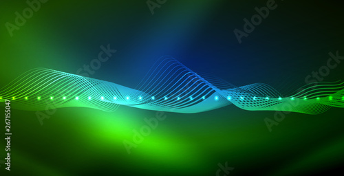Glowing abstract wave on dark, shiny motion, magic space light. Techno abstract background