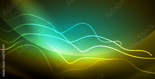 Glowing abstract wave on dark, shiny motion, magic space light. Techno abstract background