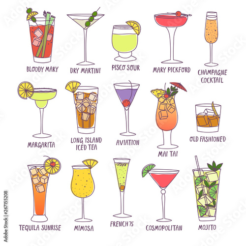 Set of doodle cocktails with names.